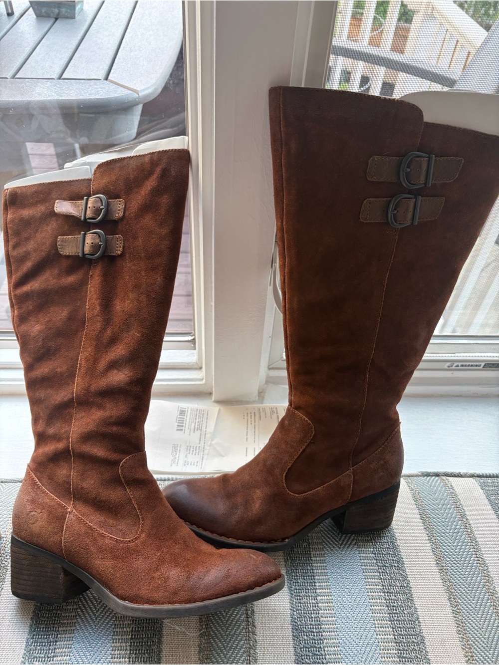 Born Brown Suede Knee-High Buckle Heeled Boots NWOT